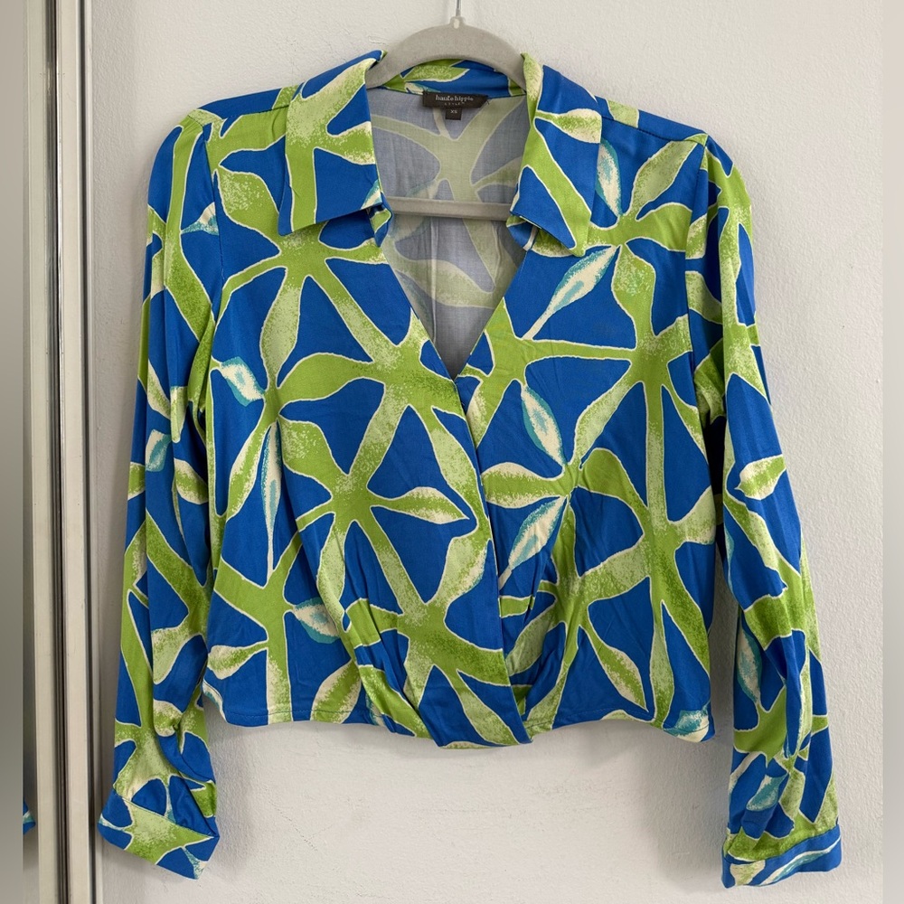Haute Hippie Blue and Green Graphic Crop Blouse